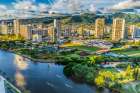 Colorful canoes, Ala Wai Canal reflection, Honolulu, Oahu, Hawaii. Art Print